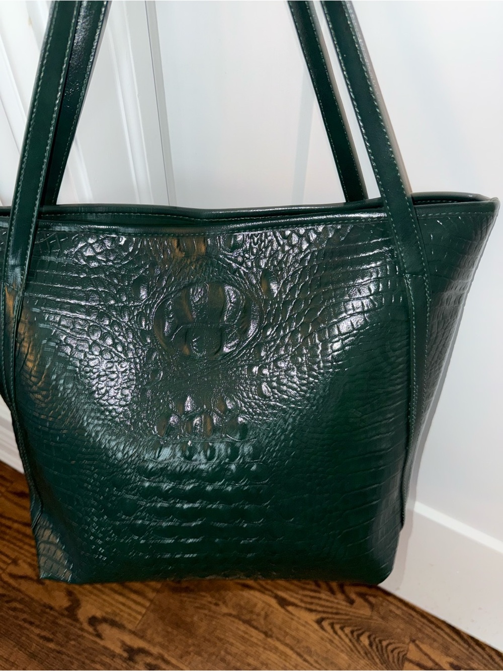 Croc-Embossed Dark Green Leather Tote